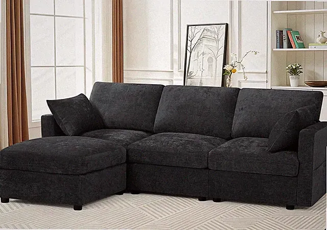 84 Inches Chenille 3-Seater Couch W/Movable Ottoman, Upholstered Sectional Sofa