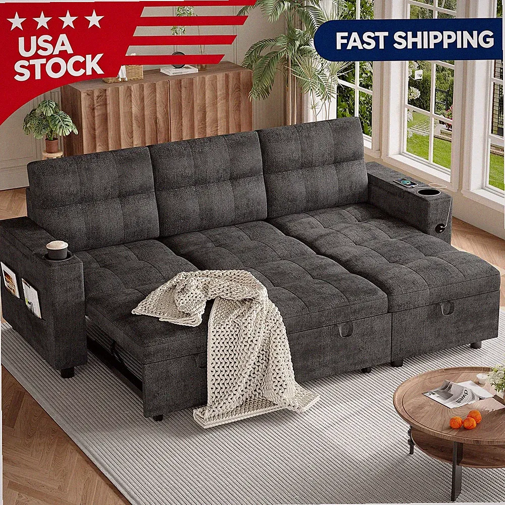 84" L‑Shaped Sectional Sleeper Sofa Bed Reversible Storage Chaise USB Dark Grey