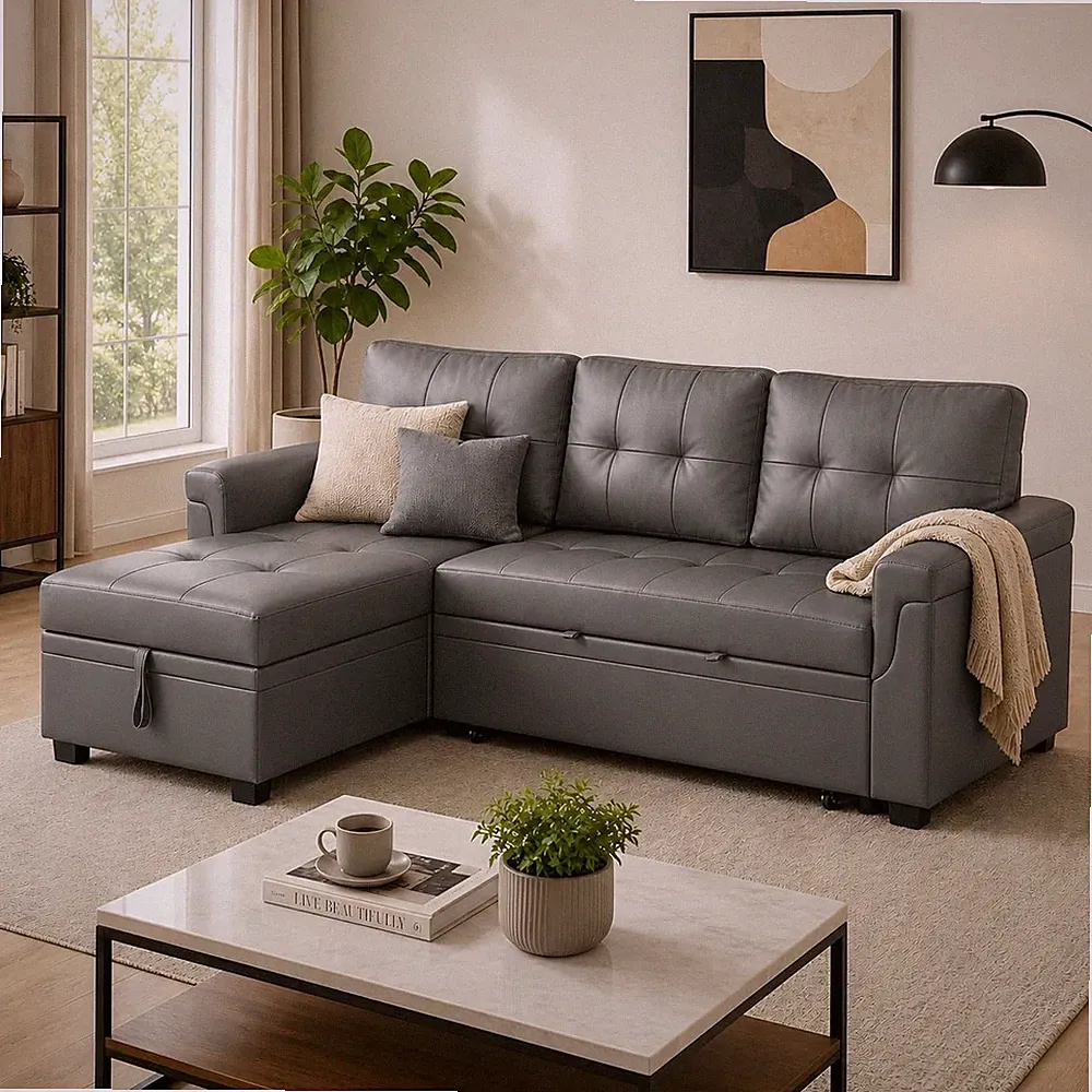 84" L-Shaped Sectional Sleeper Sofa W/ Pull Out Bed Sleeps Guests Comfortably