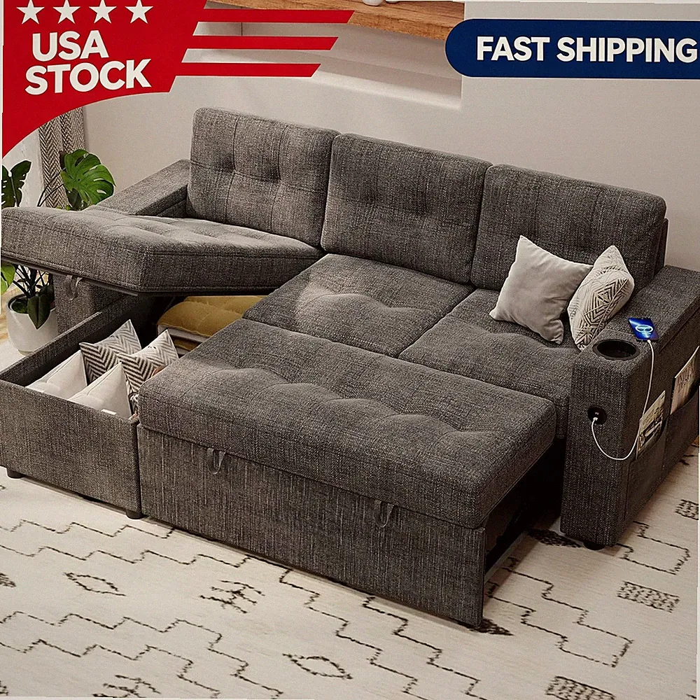 84" L‑Shaped Sleeper Sofa Bed Pull‑Out Mattress Storage Armrest Cup Holders