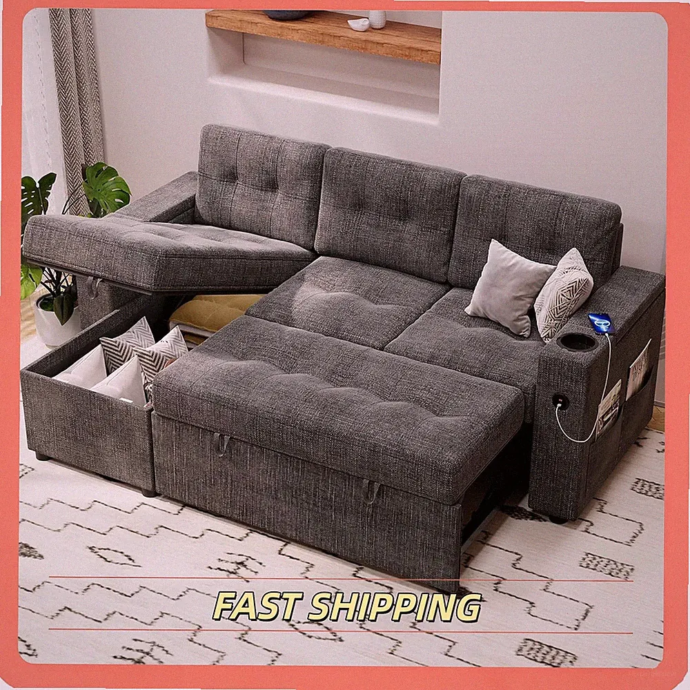 84" L‑Shaped Sleeper Sofa Bed Pull‑Out Mattress Storage Armrest for Living Room