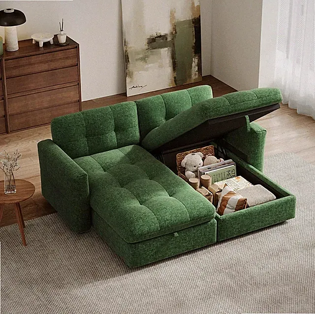 84" Oversized Green Chaise Lounge with Storage & Adjustable Armrest