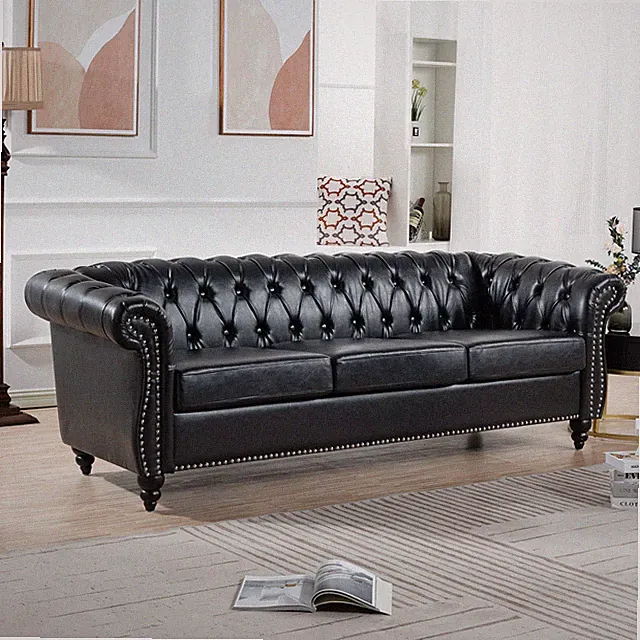 84" PU Leather Rolled Arm Chesterfield Button Tufted 3-Seater Sofa Couch Black