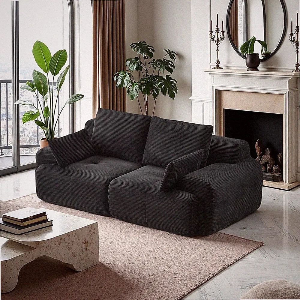 84" Round Loveseat Sectional Sofa, Cloud Couch for Small Spaces, Black Corduroy