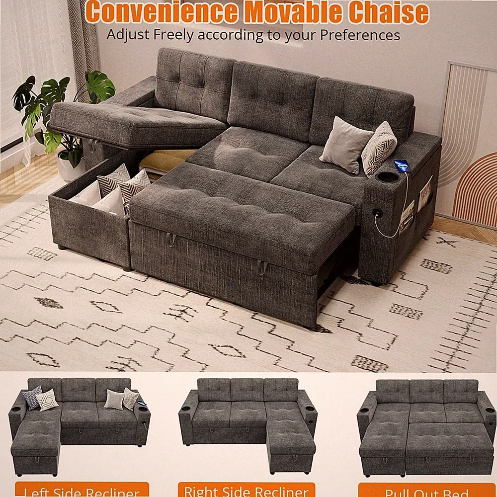 84" Sleeper Sectional Sofa Bed, Pull Out Bed Couch Comfy Sofa Storage Furniture