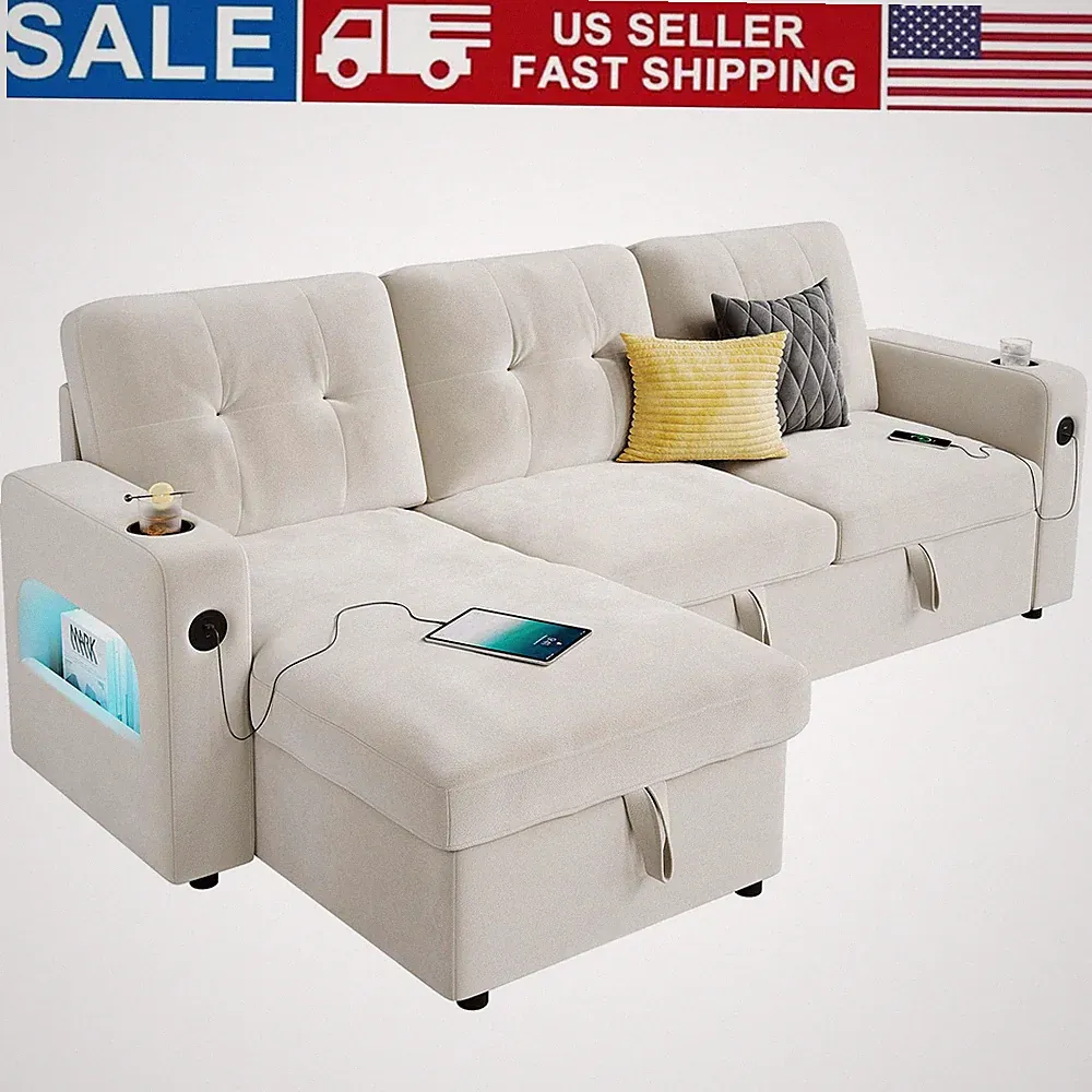 84" Sleeper Sofa Couch Convertible Pull Out Sofa Bed w/Storage, Charging Station
