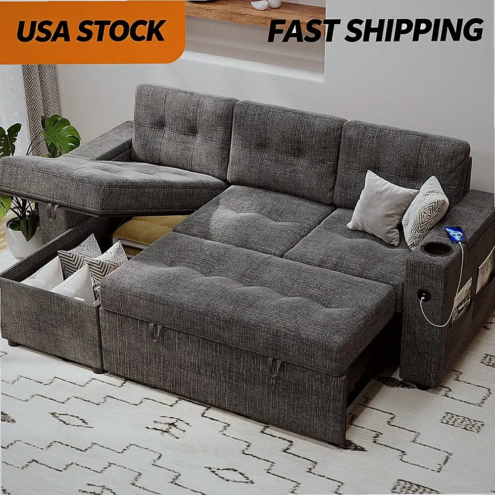 84" Sofa Bed L‑Shaped Sleeper Pull‑Out Mattress Storage Armrest Cup Holders