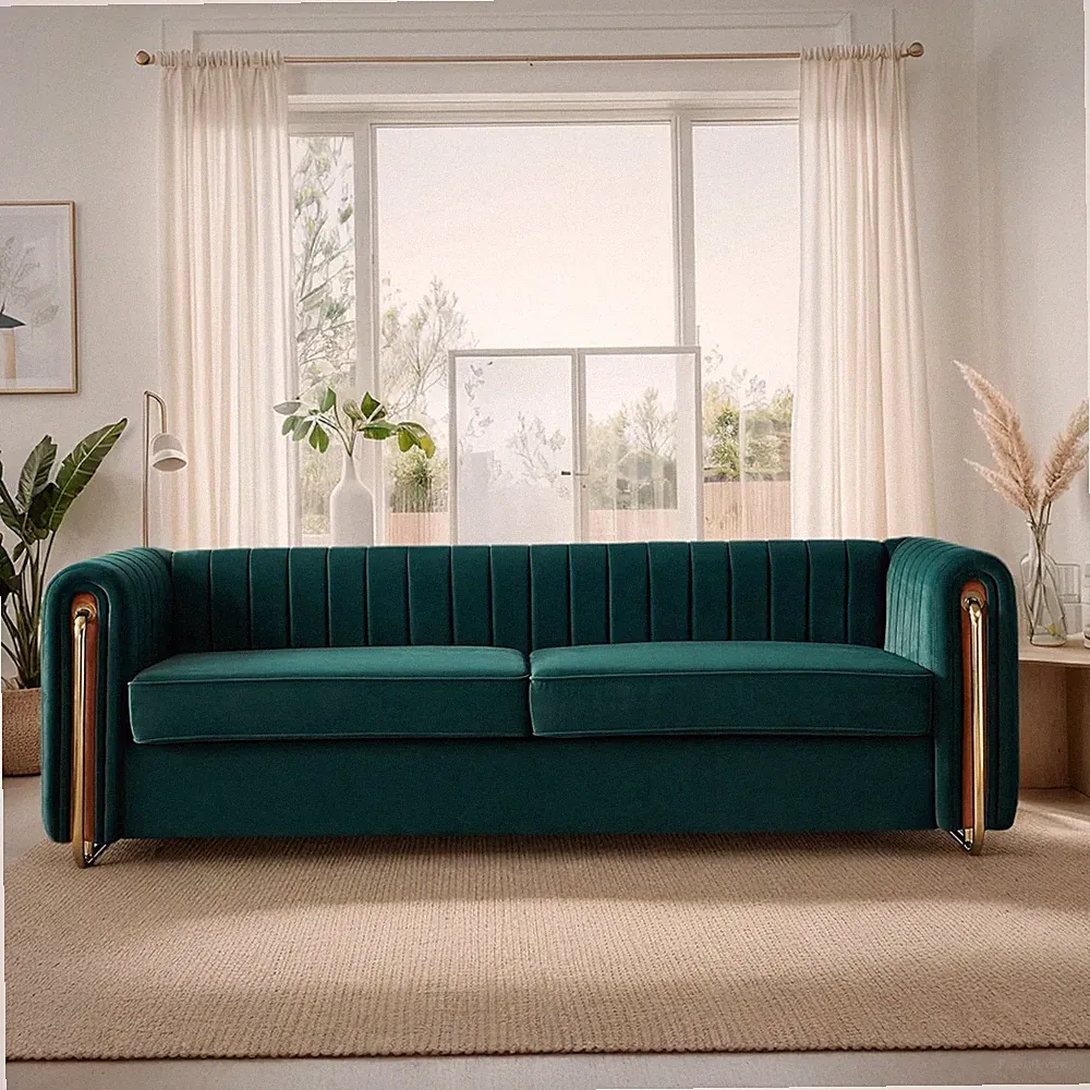 84" Velvet Deep Channel Tufted Sofa with Back Cushions and Rolled Arms, Modern S
