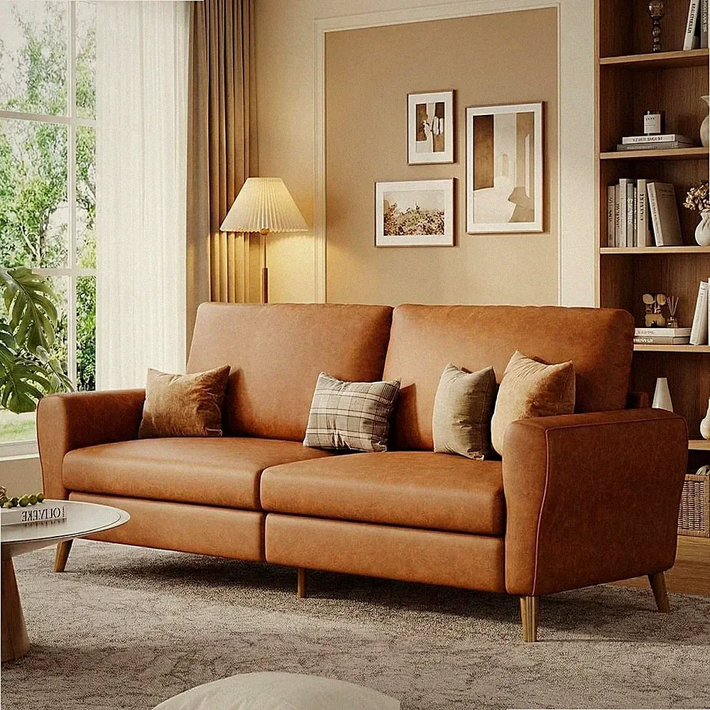 🌱84in Mid-Century Modern Faux Leather Convertible Futon Sofa Bed Couch 3-Seater