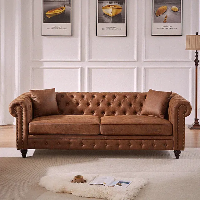 85.5" 3-Seater Chesterfield Sofa Couch High-tech Fabric Button Tufted Sofa Brown