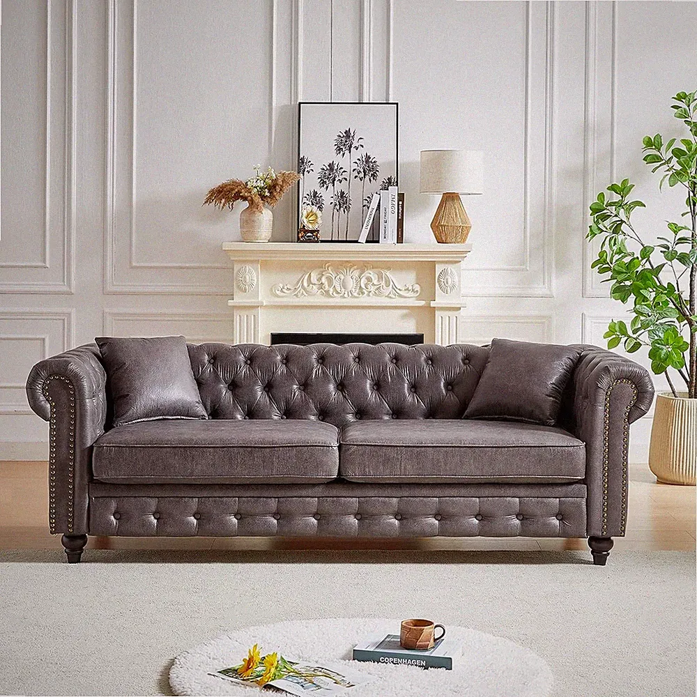 85.5'' Chesterfield Button Tufted 3-Seater Sofa Couch Living Room Gray