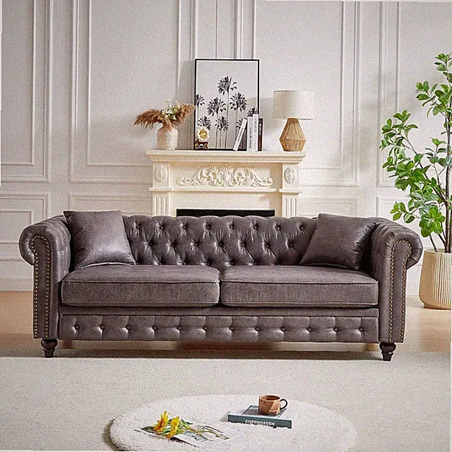 85.5" Chesterfield Sofa Couch Tech Fabric 3-Seater Sofa with Rolled Arms