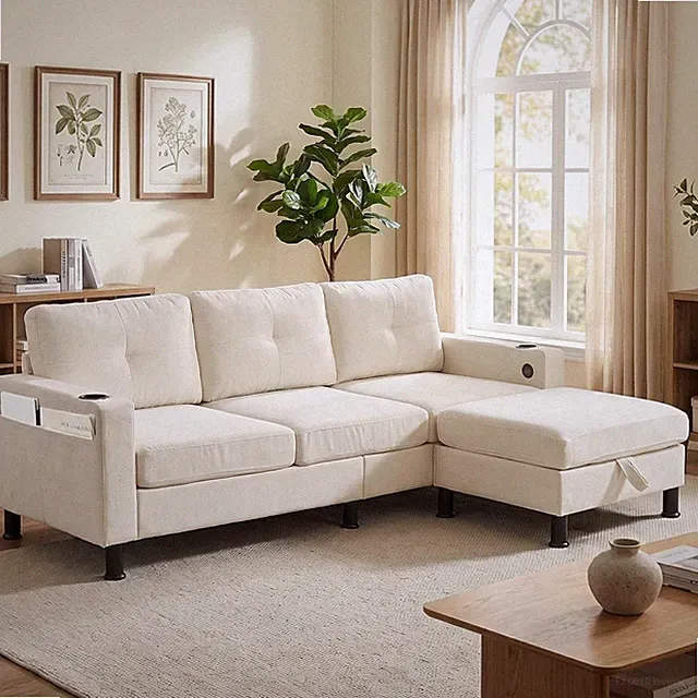85" Chenille 3-Seat Sectional Sofa Cream
