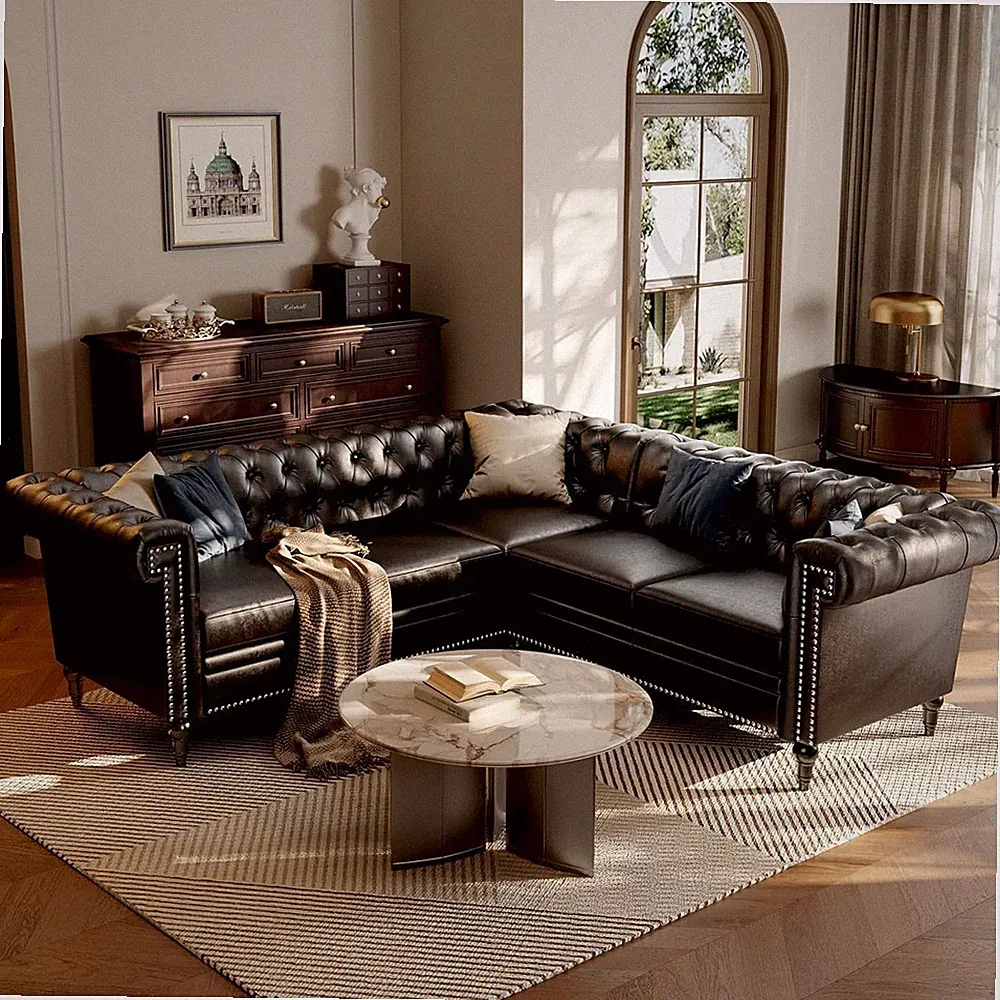 85" Chesterfield Sectional Sofa, L Shaped Convertible Faux Leather Couch with Tu