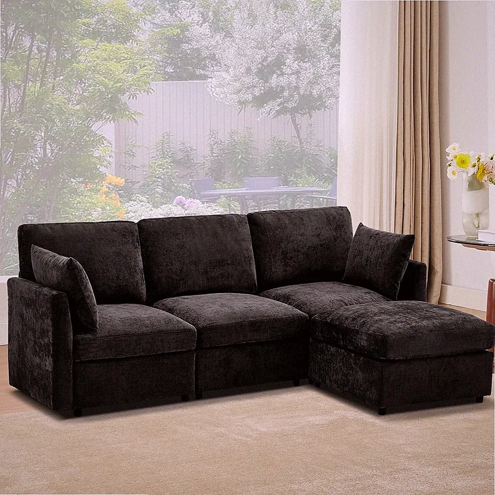 85" Convertible L-Shaped Sectional Sofa Chenille Cloud w Ottoman 4 for Seat Blac