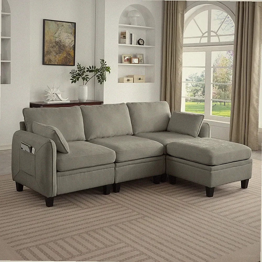 85" Dark Gray L-Shaped Chenille Sectional Sofa w/ Storage Ottoman
