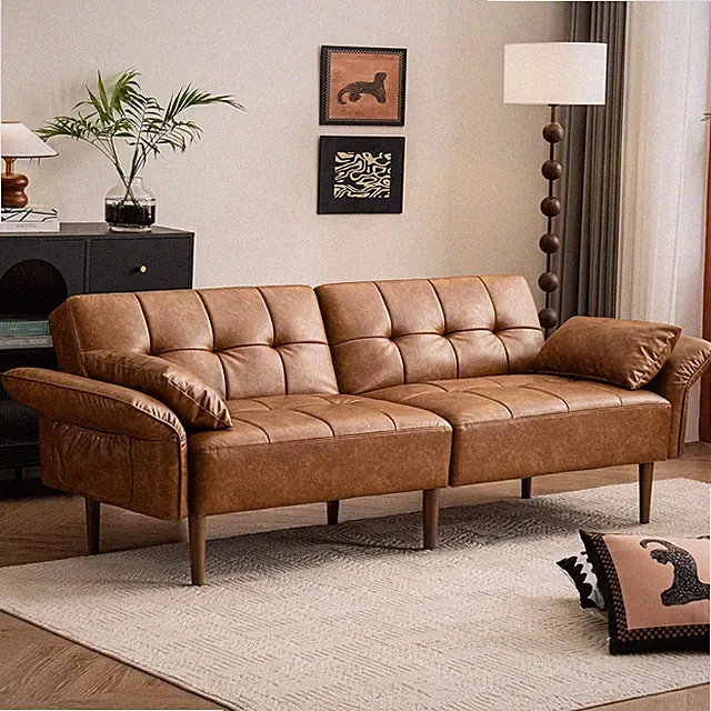 85" Futon Faux Leather Couch with Adjustable Armrests Brown