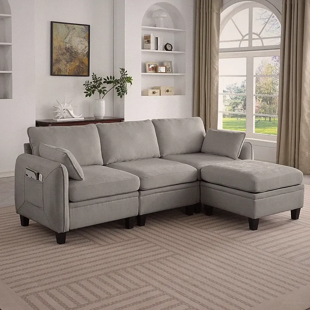 85" Gray Chenille Modular Sectional Sofa w/ Storage Ottoman