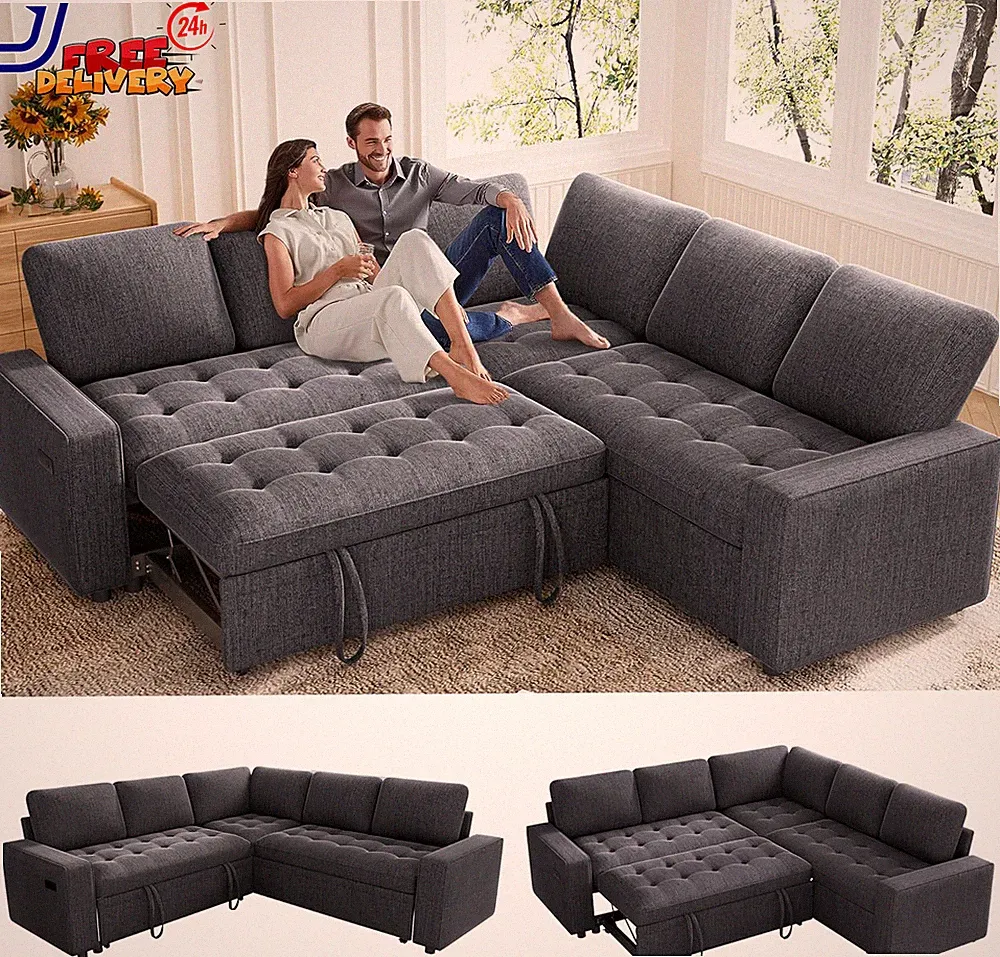 85 Inch Modular Sectional Sofa with Pull Out Bed Chenille L Shaped Sectional Sof