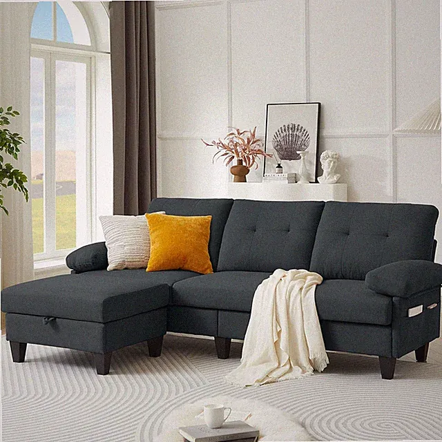85" L-Shaped Convertible Sofa with Storage Ottoman in Dark Grey