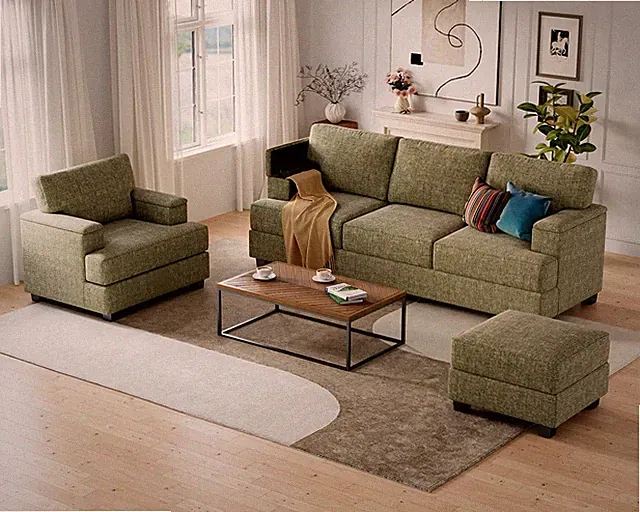 85'' L-Shaped Green Couch with Armrest Organizer & Thick Cushions