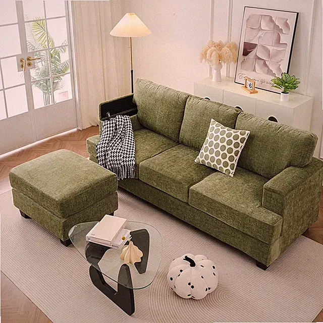 85'' L-Shaped Green Couch with Ottoman & Armrest Organizer, 3-Seater Sofa