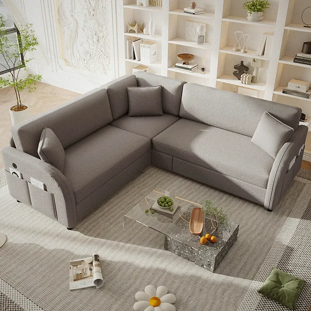 85" L-Shaped Sherpa Sleeper Sofa w/ Pull-Out Bed & USB Port Sectional Couch