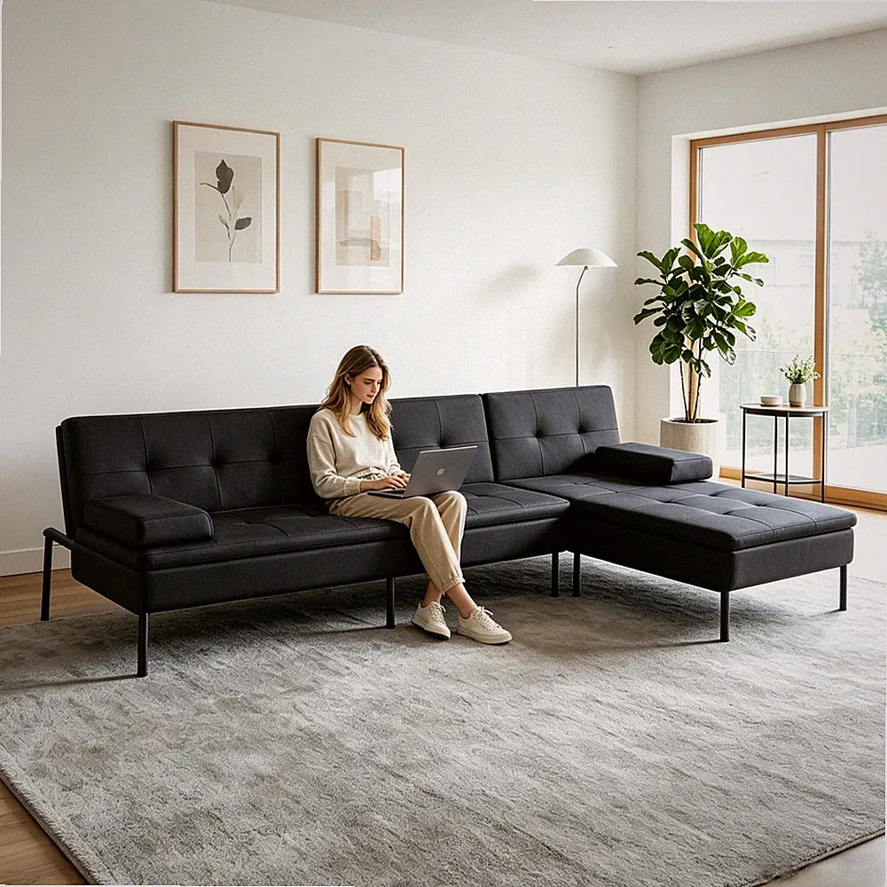 85" Modern Sleeper Sofa Black L-Shaped 5-Position Convertible Couch Sectional