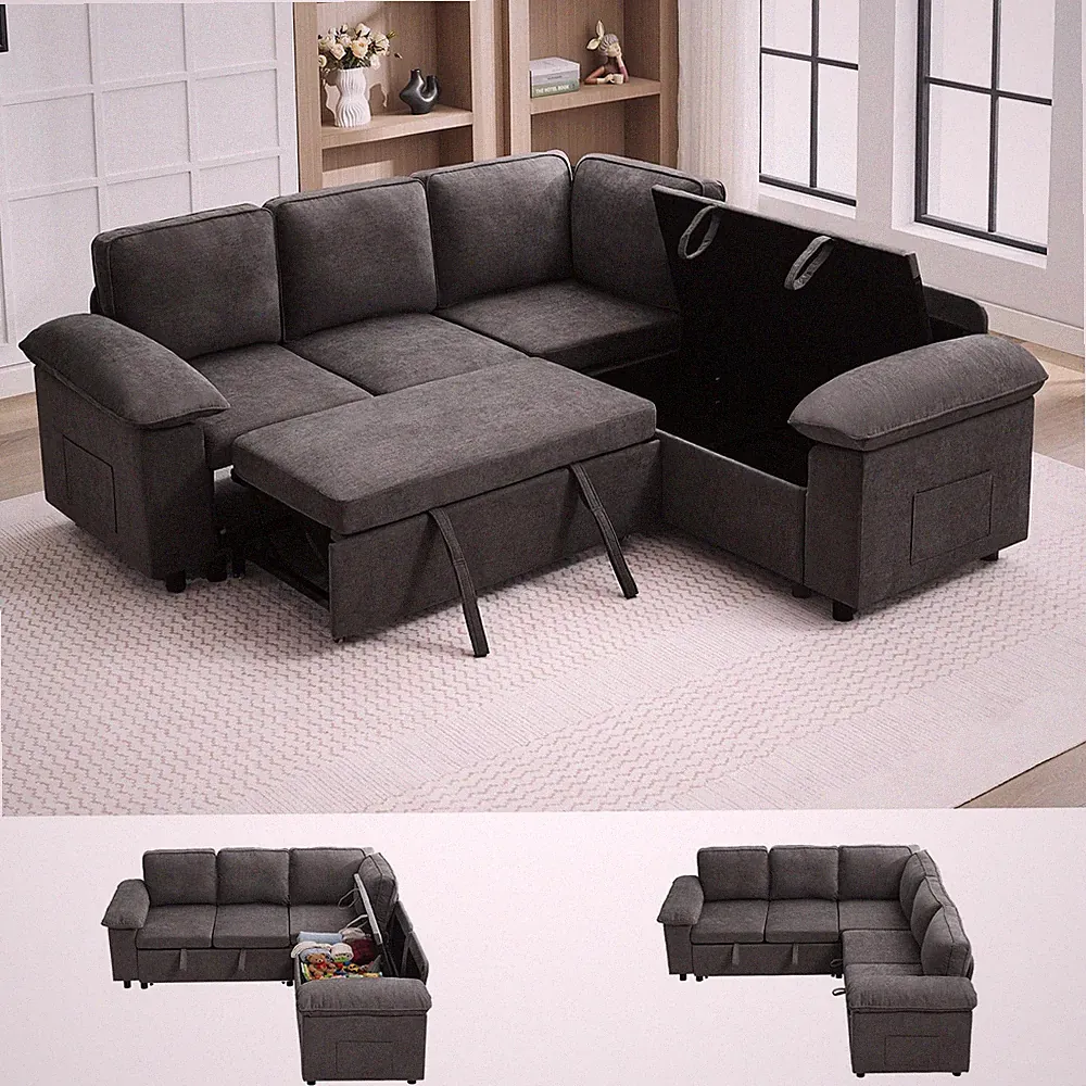 85 Modular L-Shape Sectional 5-Seater Sleeper Sofa Storage Chenille Dark Grey