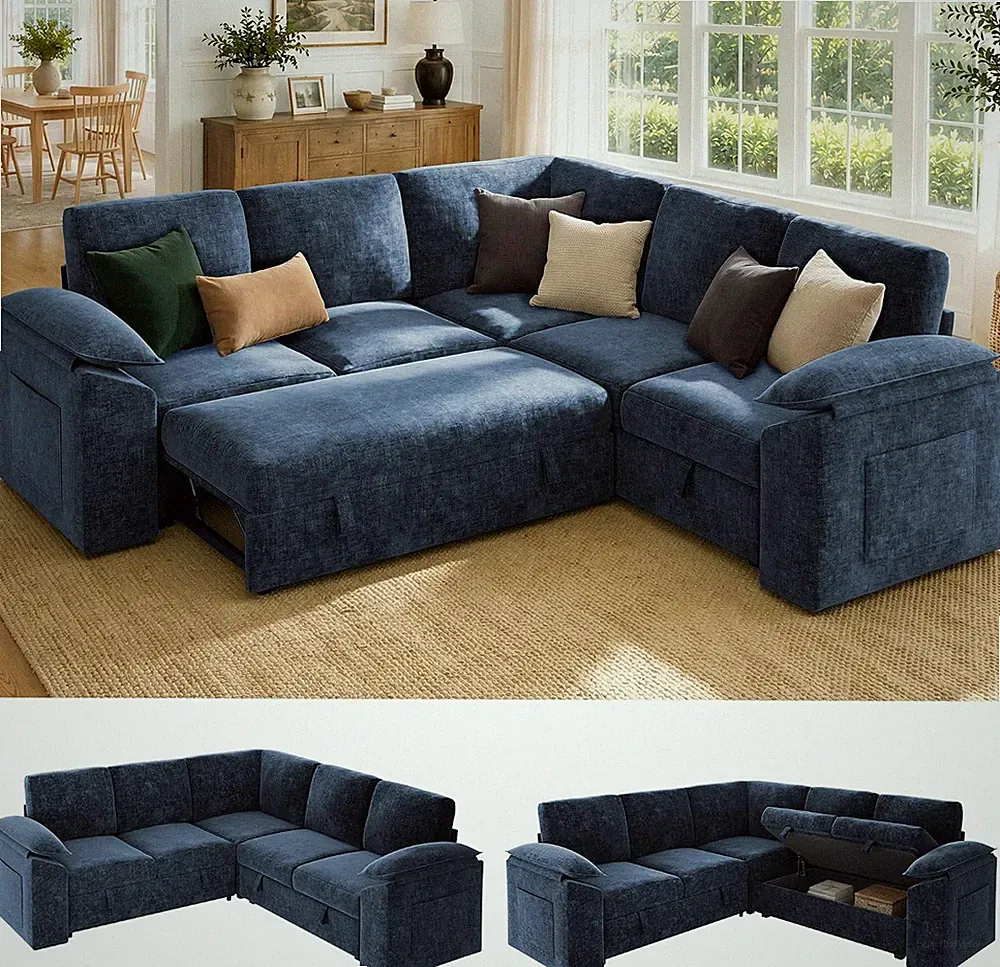 85" Modular Sectional Sleeper Sofa with Pull Out Bed, Blue