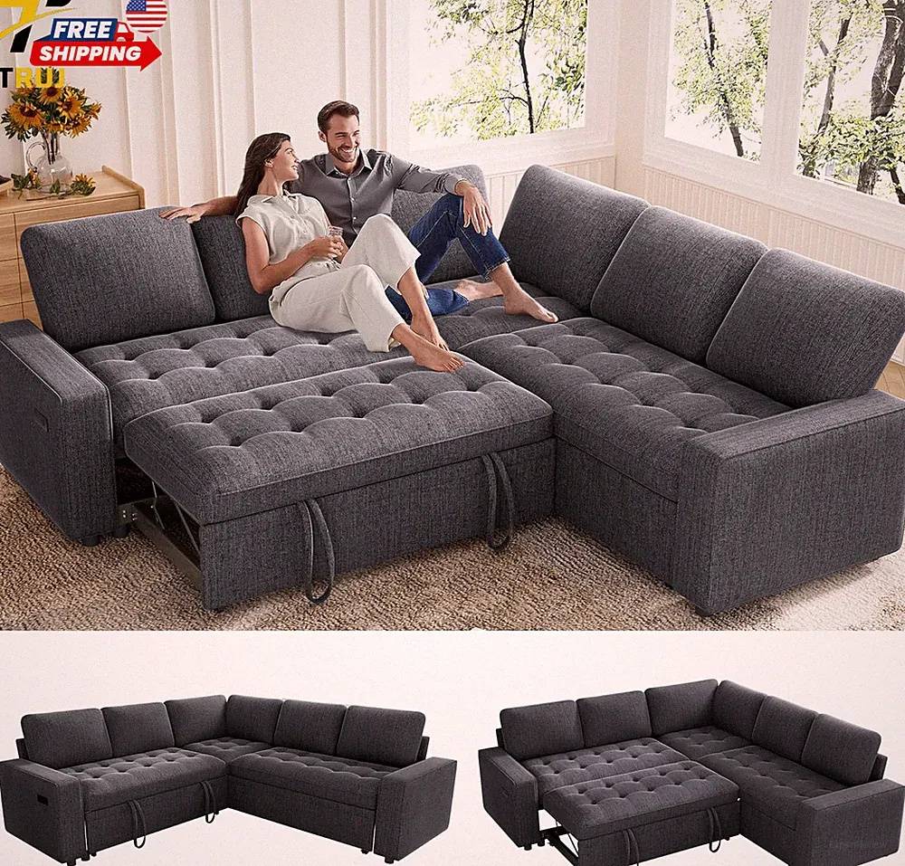 85" Modular Sectional Sofa Bed with USB Reclining Backrest Storage Dark Grey NEW