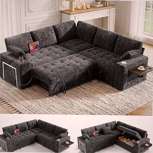 85"Modular Sectional Sofa with Pull Out Bed, L-Shaped Sleeper Sofa, Grey