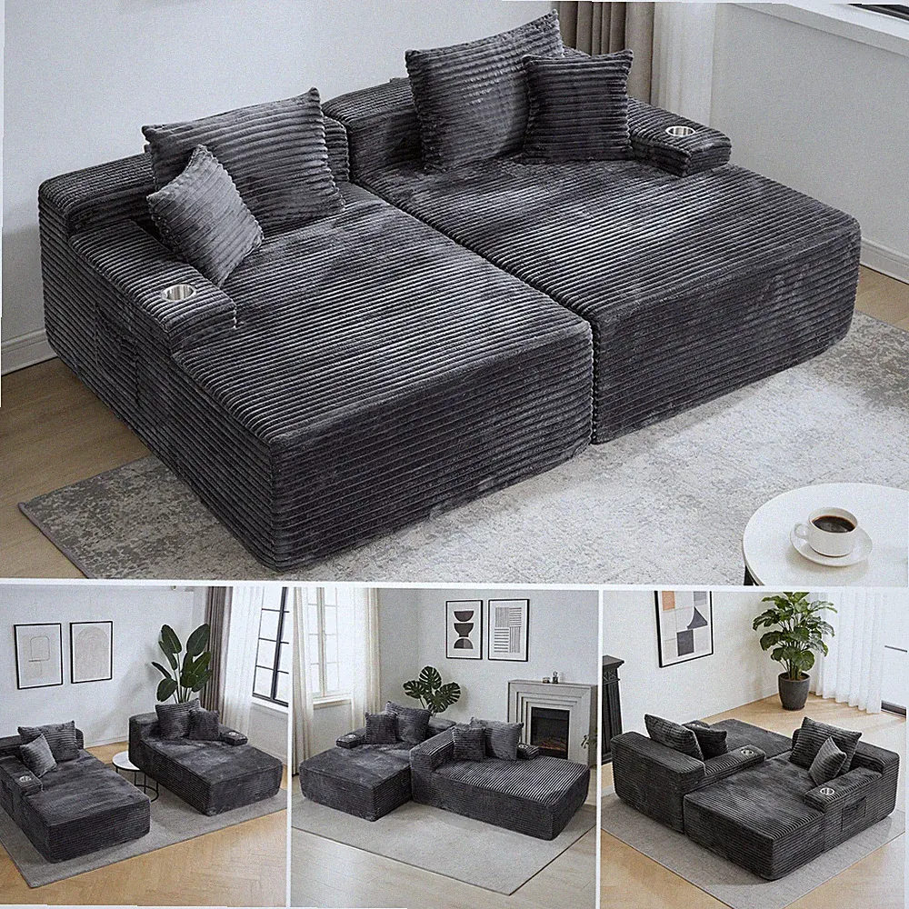 85" Oversized Double Chaise Lounge Corduroy Sleeper Bed Boneless Sofa w/4 Pillow