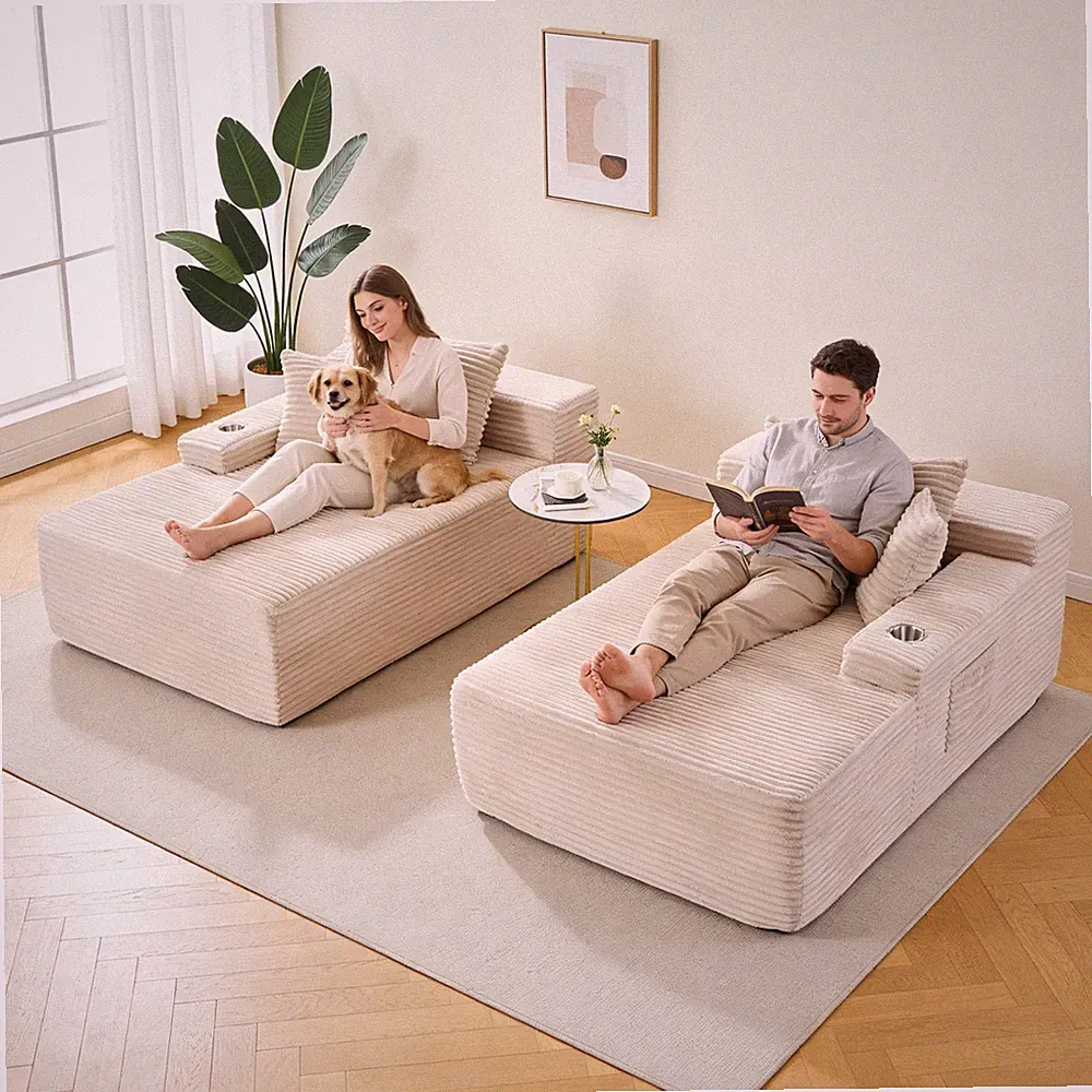 85" Oversized Double Chaise Lounge Corduroy Sleeper Bed Boneless Sofa w/4 Pillow