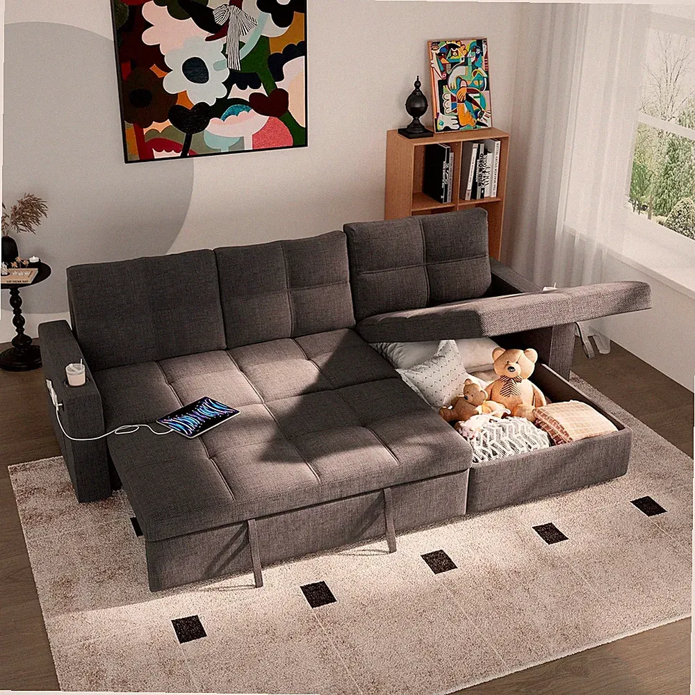 85" Pull Out Sofa Bed, Sectional Sleeper Couch with Storage Chaise