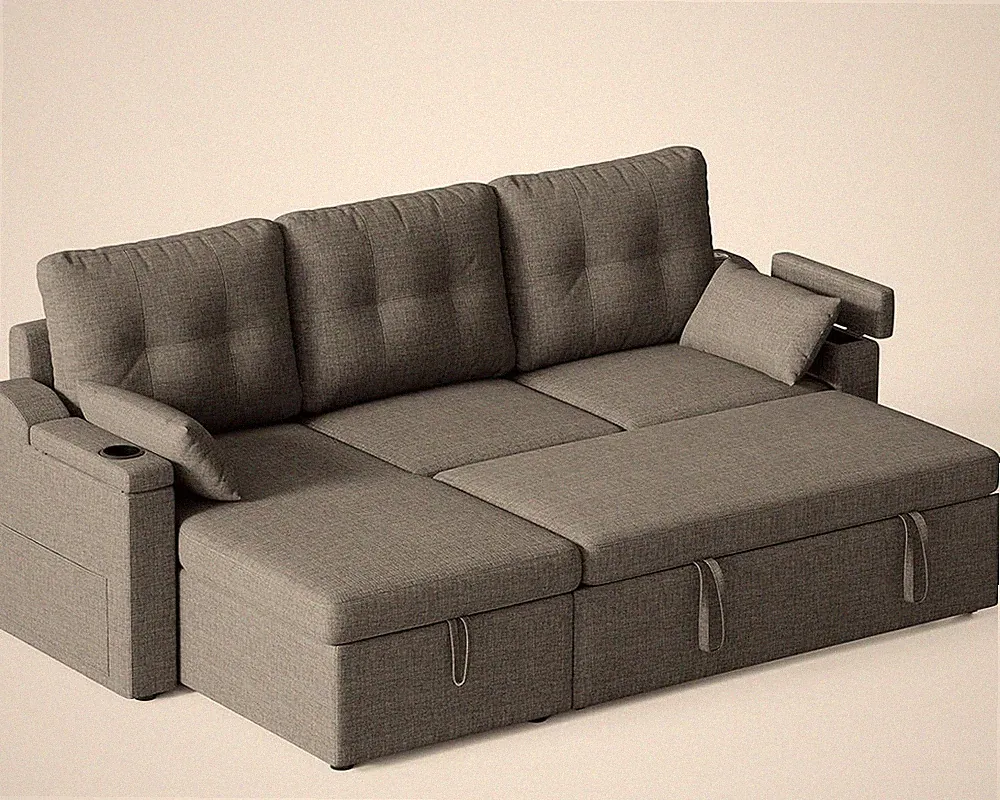 85" Sleeper Sectional Sofa Pull Out Bed Reversible Lounge Storage Holders Gray