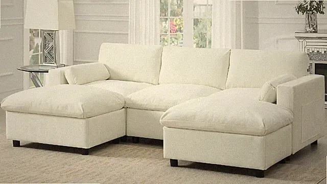 86.5-Inch U-Shaped Sectional Sofa with Storage Pockets and Ottomans White