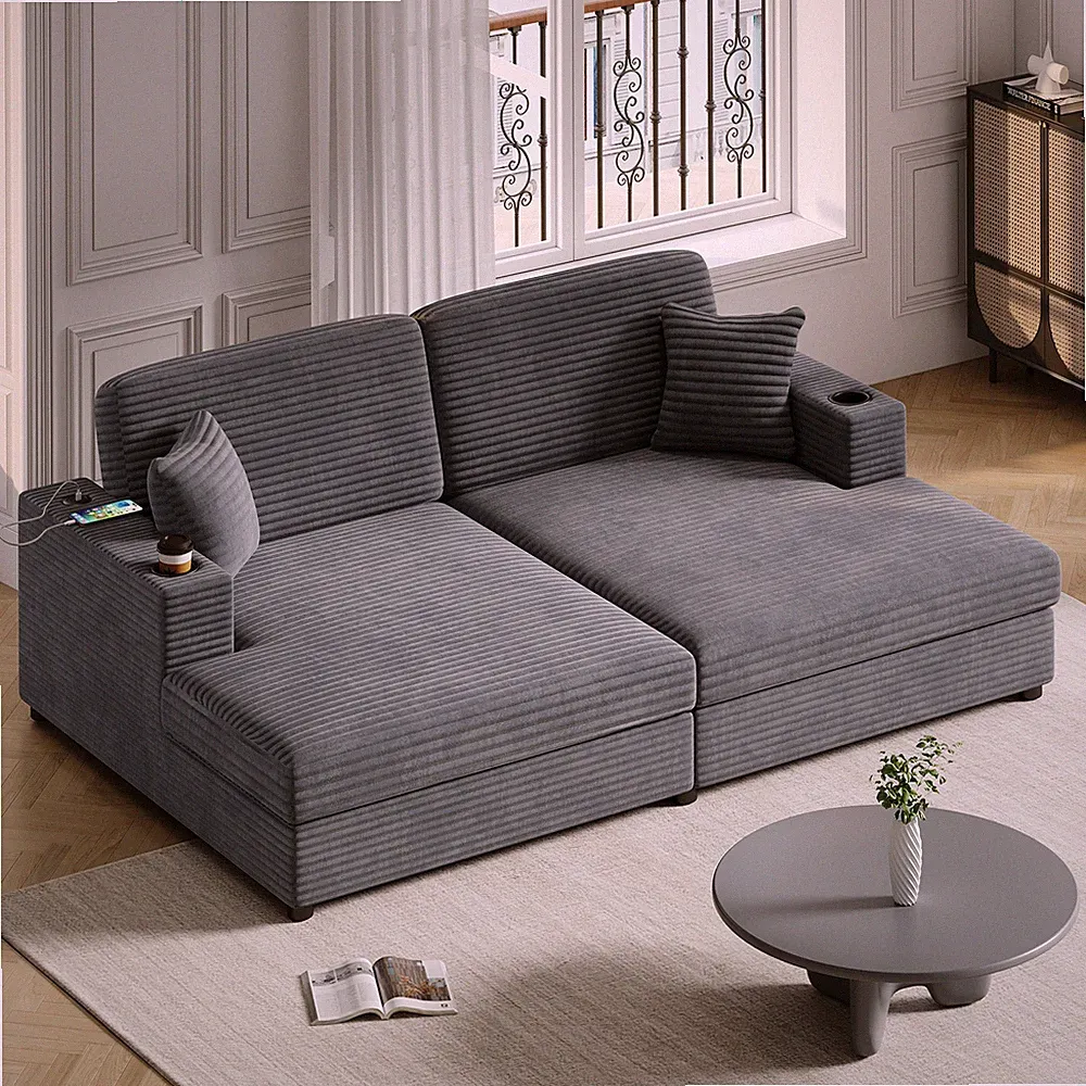 86.5" Oversized Loveseat Chaise Lounge Sectional Sofa Bed Corduroy Sleeper Sofa
