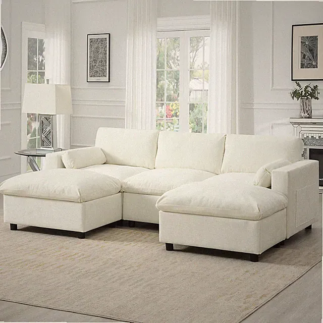 86.5'' U-Shaped Sectional Sofa with Storage Pockets, 2 Movable Ottoman, Armrest