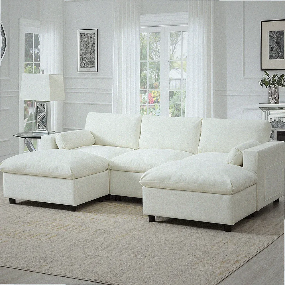 86.5'' U-Shaped Sofa w/Storage Pockets,2 Movable Ottoman,Armrest Pillows,Free Co