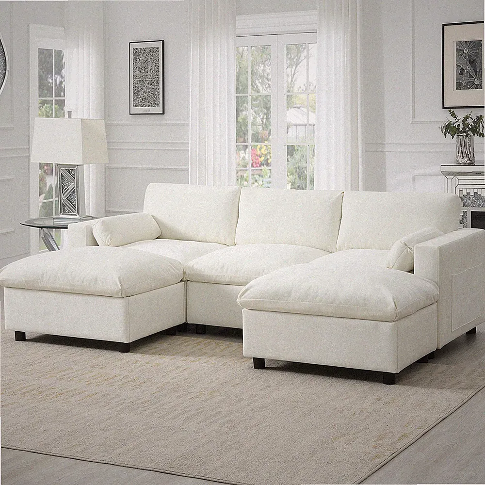 86.5'' U-Shaped Sofa with Storage Pockets, 2 Movable Ottoman, Armrest Pillows, F