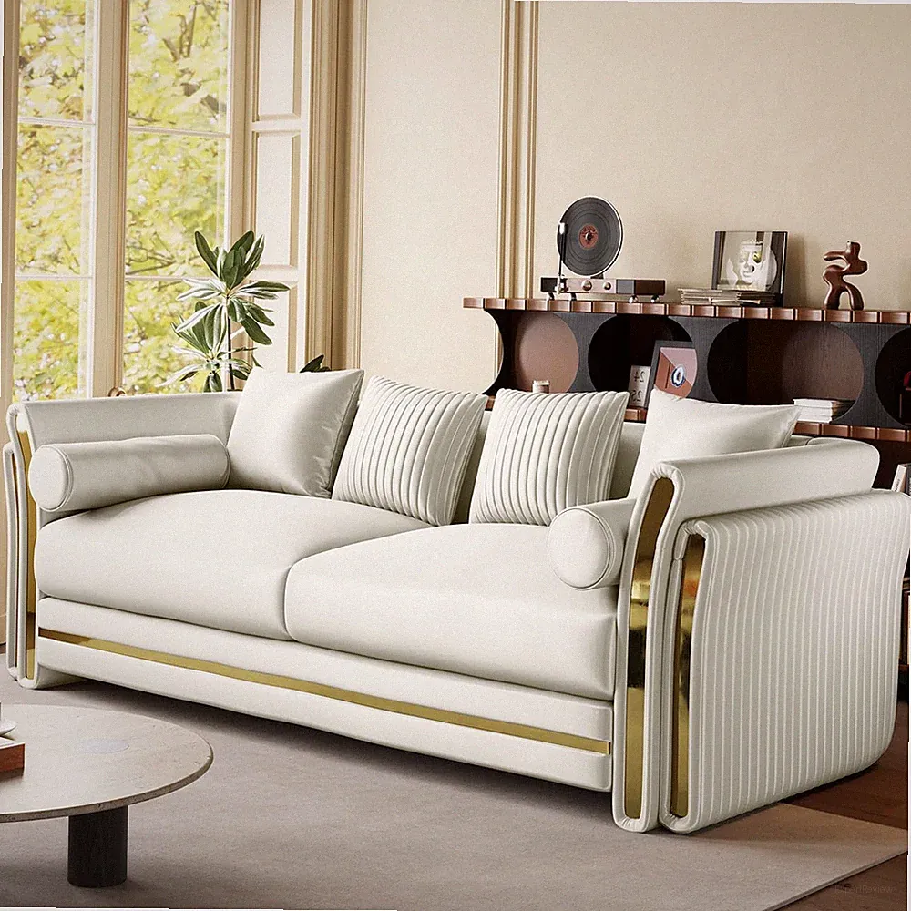 86.7" Chesterfield Sofa Luxury Velvet White and Gold Couch, White