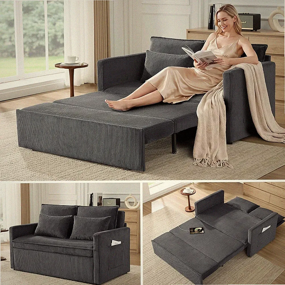 86” Extended Convertible Sofa Bed Loveseat Sleep Sofa with USB Ports Pull Out