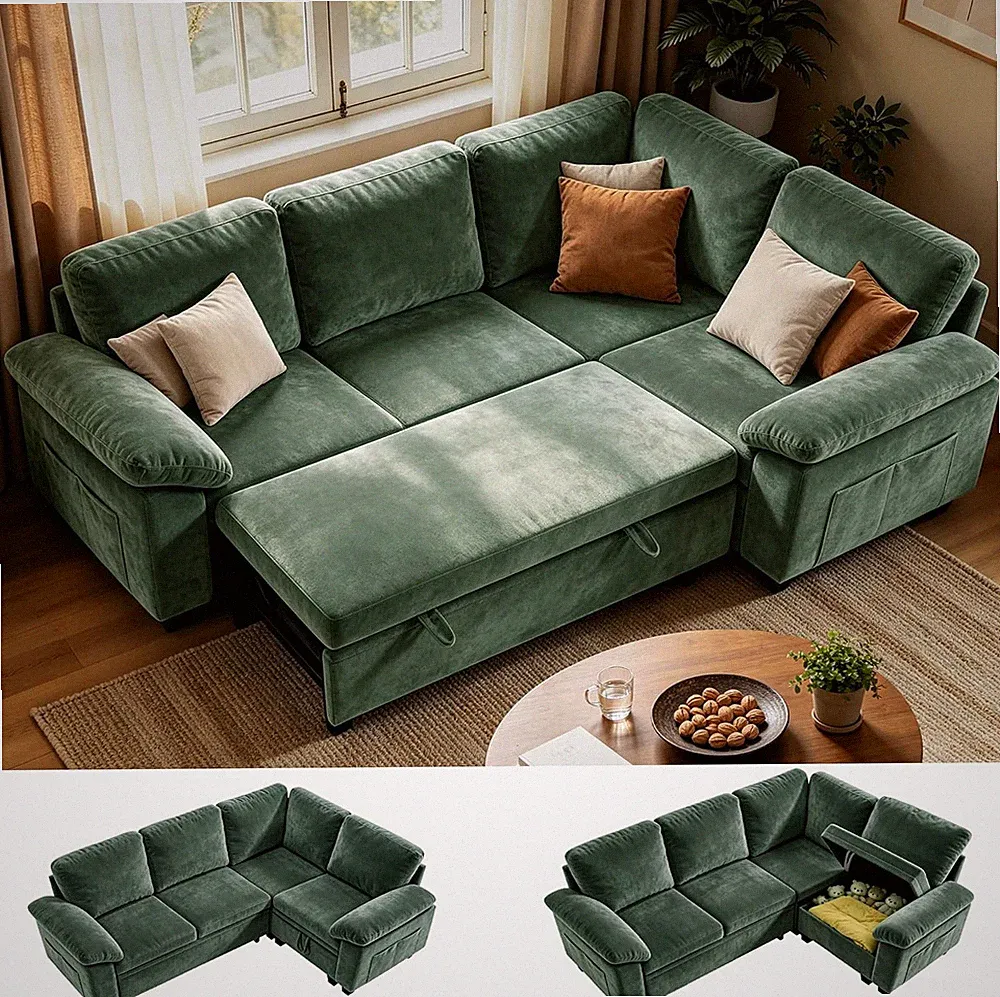 86" L-Shaped Sectional Sleeper Couch, Modular Pull-Out Storage Sofa Bed