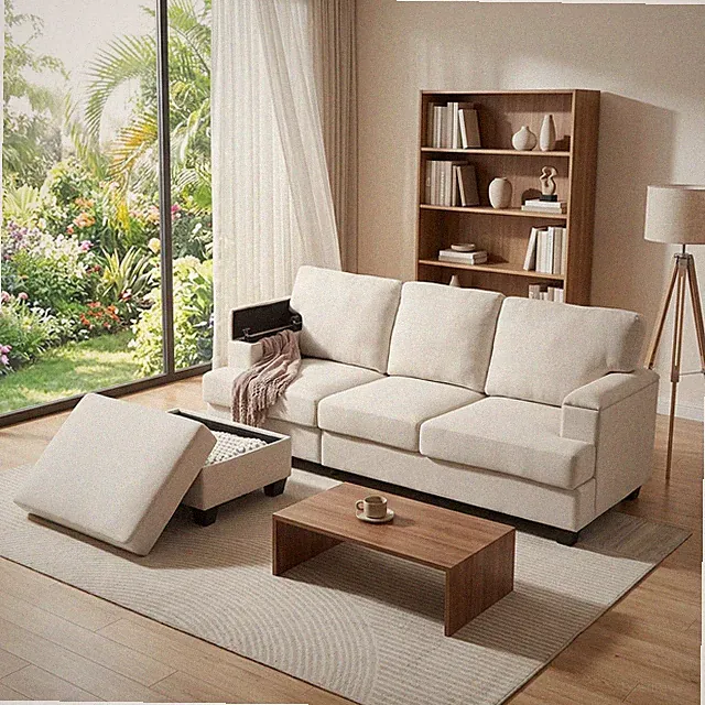 86" L-Shaped Sectional Sofa with Movable Ottoman & Storage, Linen Fabric Corner