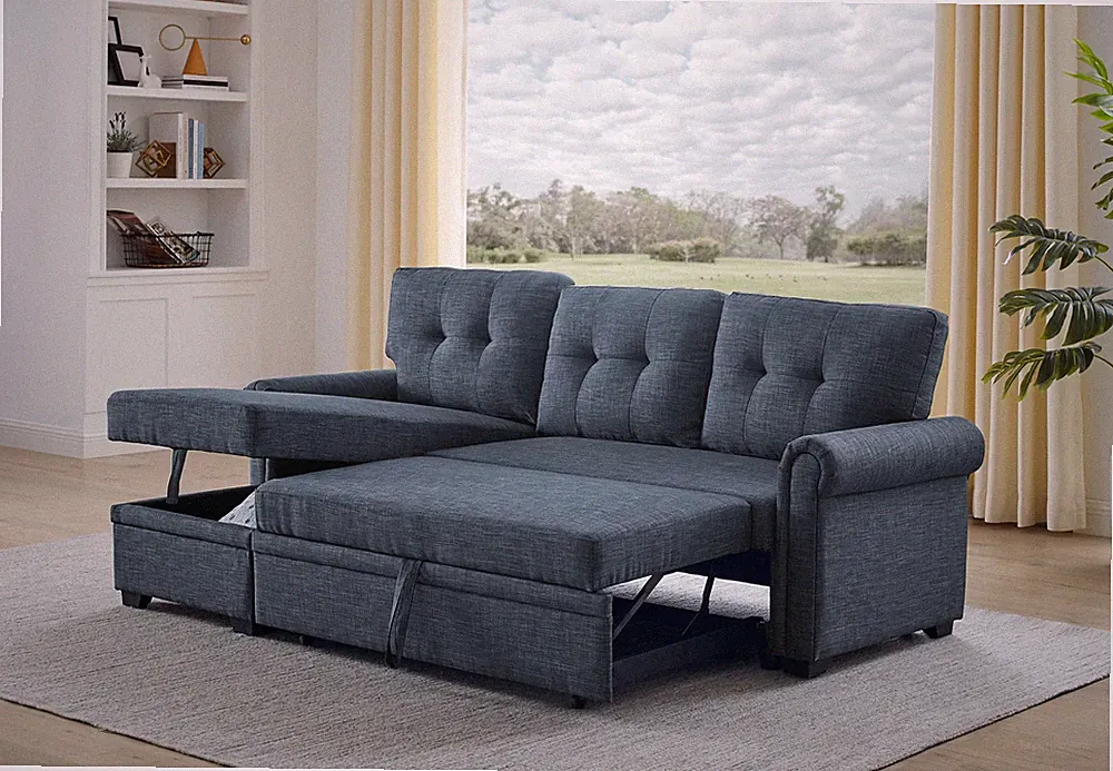 86" Linen Blend Sleeper Sofa with Storage Chaise, Dark Blue