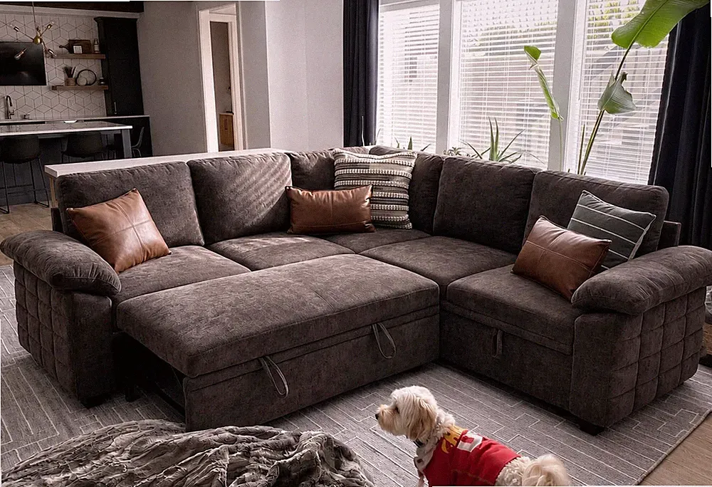 86" Sectional Sleeper Sofa with Pull Out Bed, L-Shaped 5-Seater Modular Couch wi