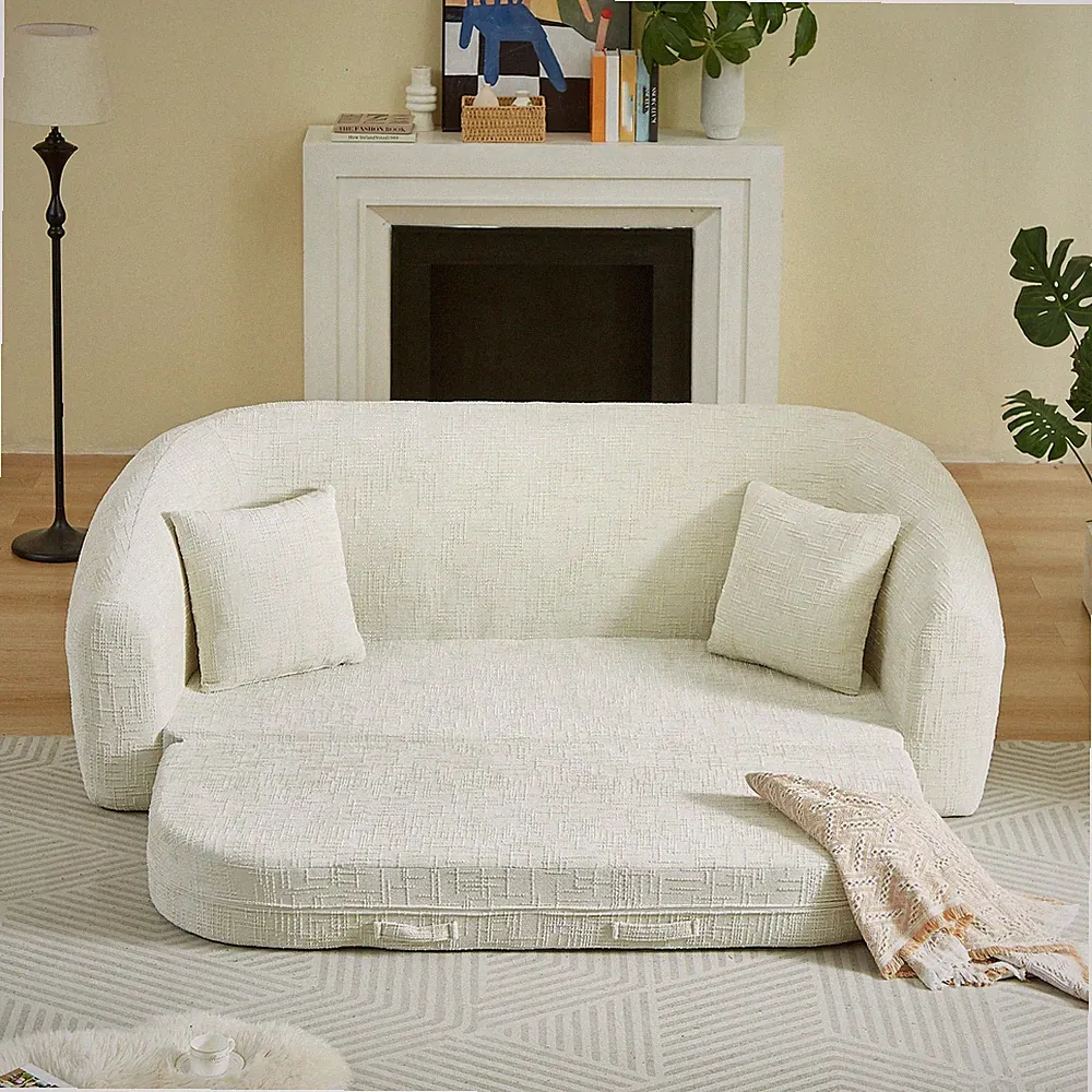 87" Modern Scandinavian Corduroy Futon Sofa Bed Beige 2-in-1 Pull-Out Curved