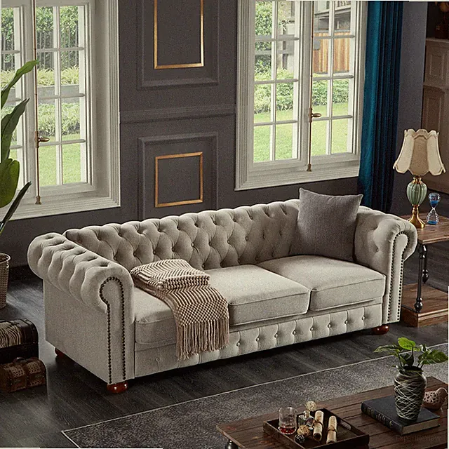 88.5" 3-Seater Chesterfield Linen Fabric Upholstered Sofa Couch Rolled Arm Gray