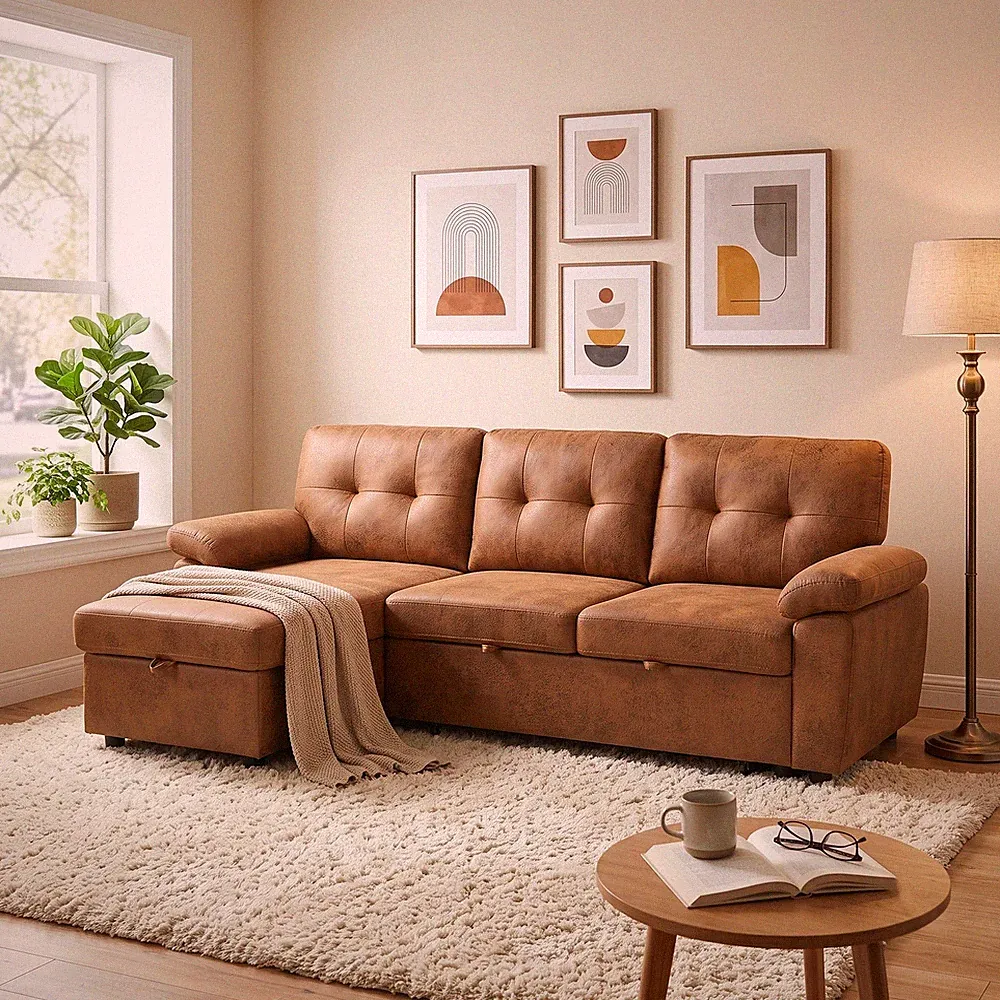 88.5" Convertible L-Shaped Pull-Out Sectional Sofa Bed w/Storage Chaise,and Soft